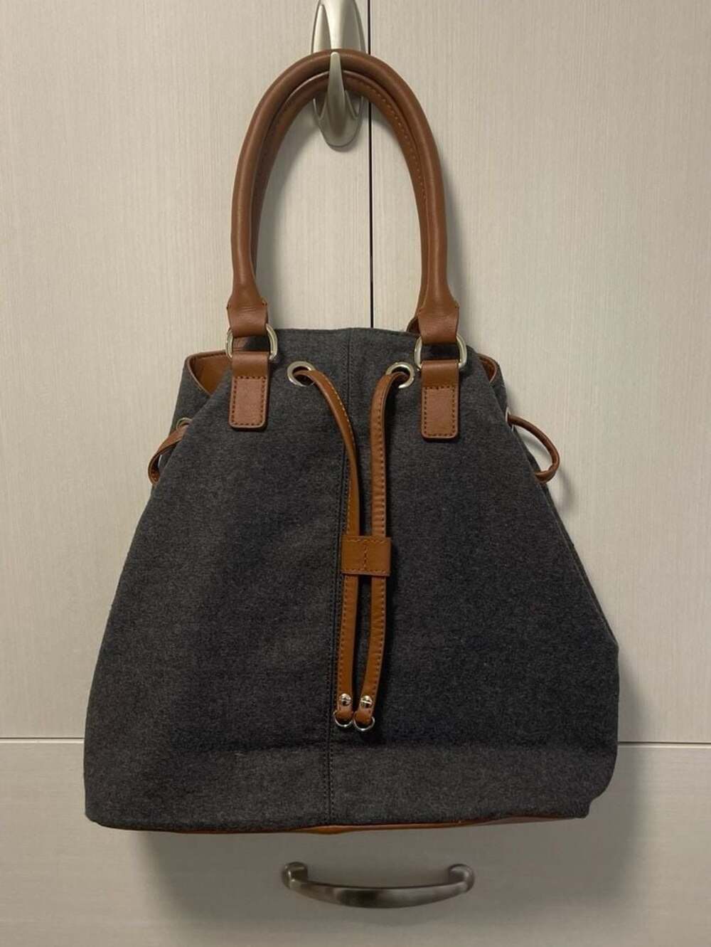 Talbots Charcoal Wool Blend Bucket Bag with Cognac Faux Leather Trim